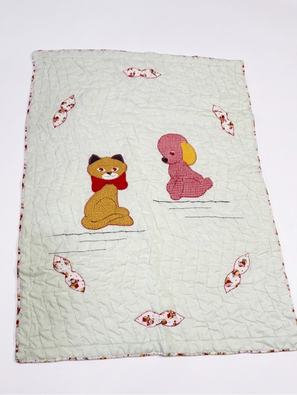 Vintage Appliqué Nursery Quilt double sided Cat and Puppy design by hand
